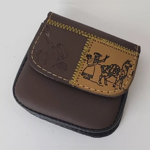 PERUVIAN GENUINE LEATHER PURSE COINS MEN'S WOMEN'S EMBOSSED LOGO DESIGN WALLET - Picture 3 of 3